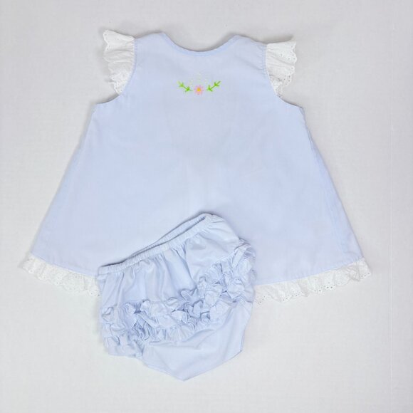 Proper Peony Blue Embroidered Open Swing Back Matching Ruffle Outfit Set 2T - Picture 5 of 16